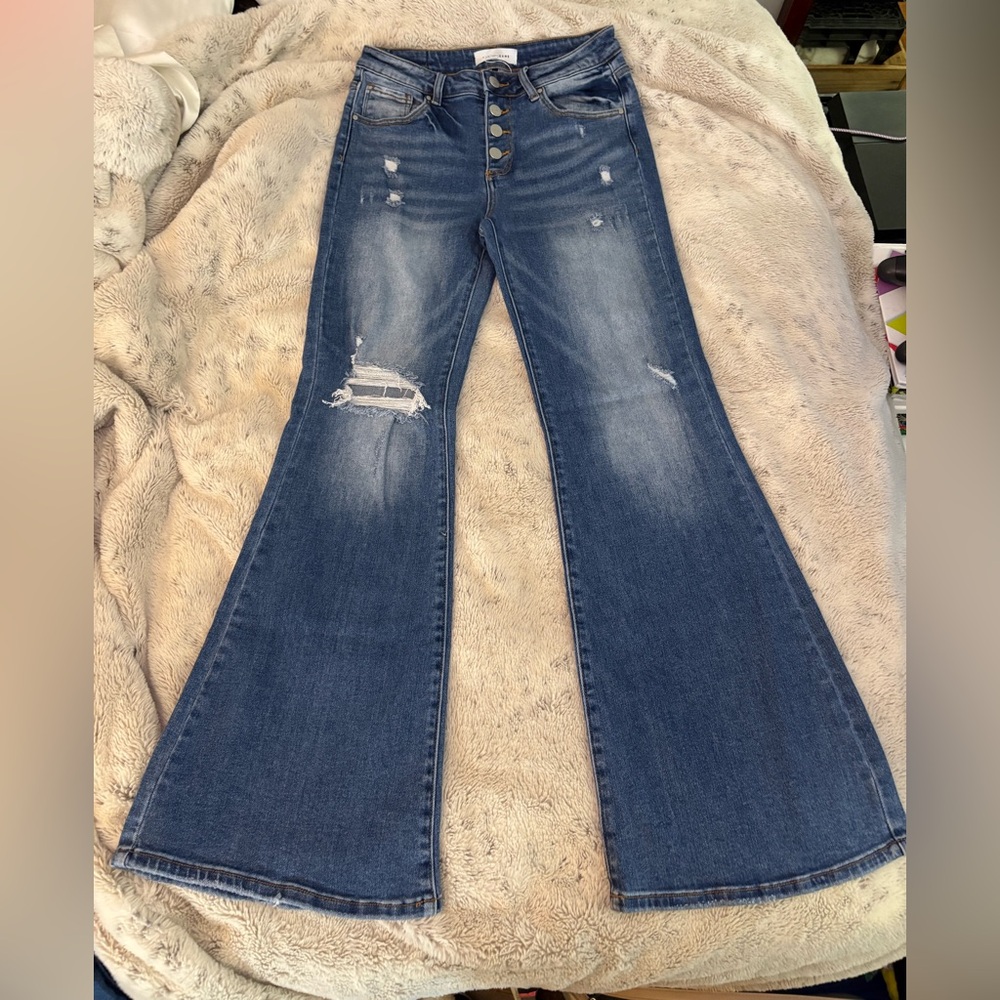 High-Rise Flared Distressed Women’s Jeans - Dark Blue